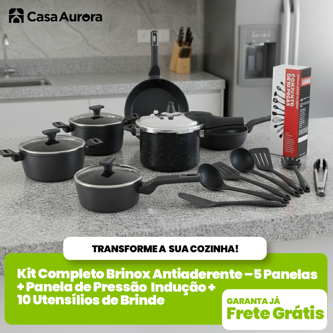 Kit Completo Brinox Antiaderente – 5 Panelas + Panela de Pressão Indução + 10 Utensílios de Brinde