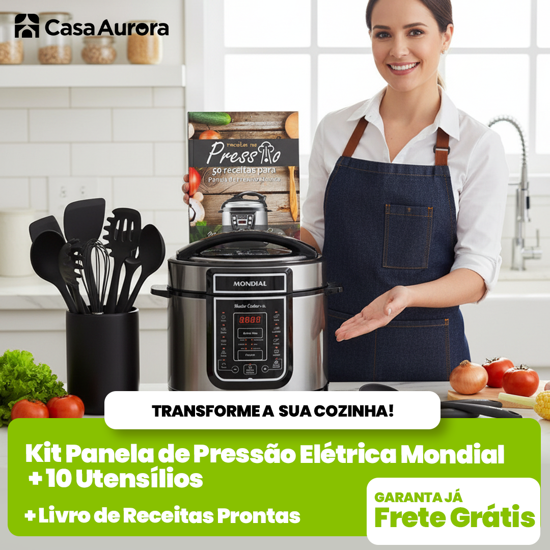 Kit Panela de Pressão Elétrica Mondial + 10 Utensílios + Livro de Receitas Prontas de BRINDE